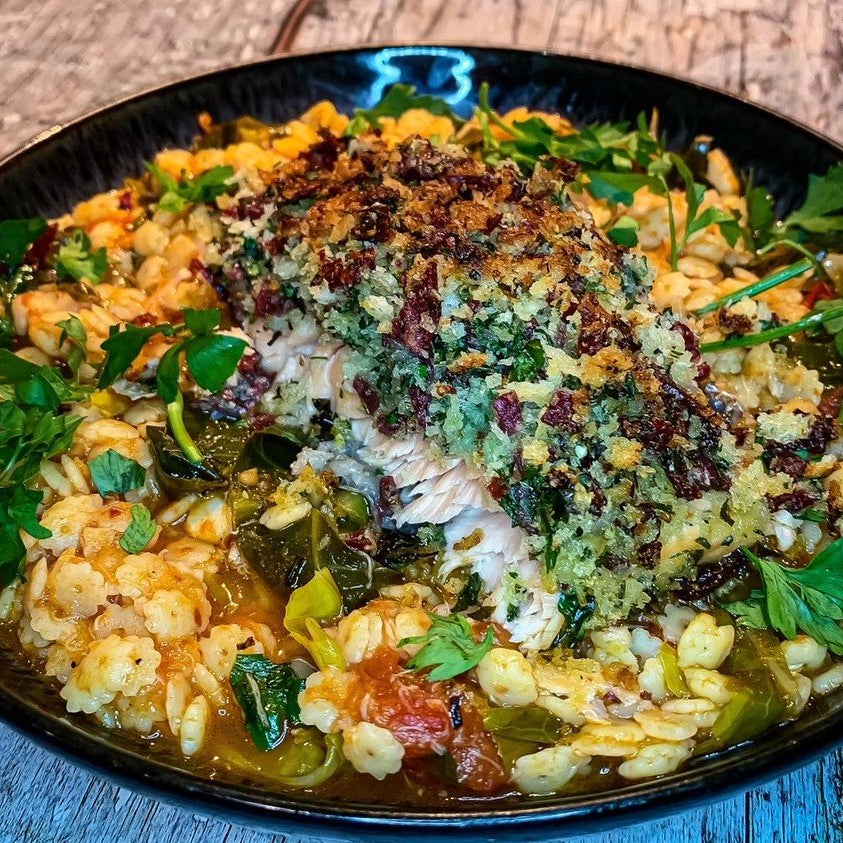 Venison coated Salmon with Tomato Stew