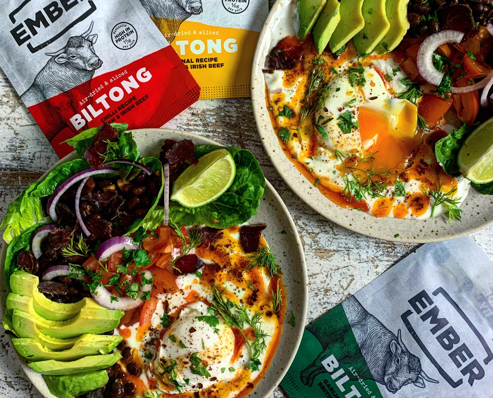 TURKISH EGGS, CHIPOTLE BLACK BEANS, AND CHILLI BILTONG