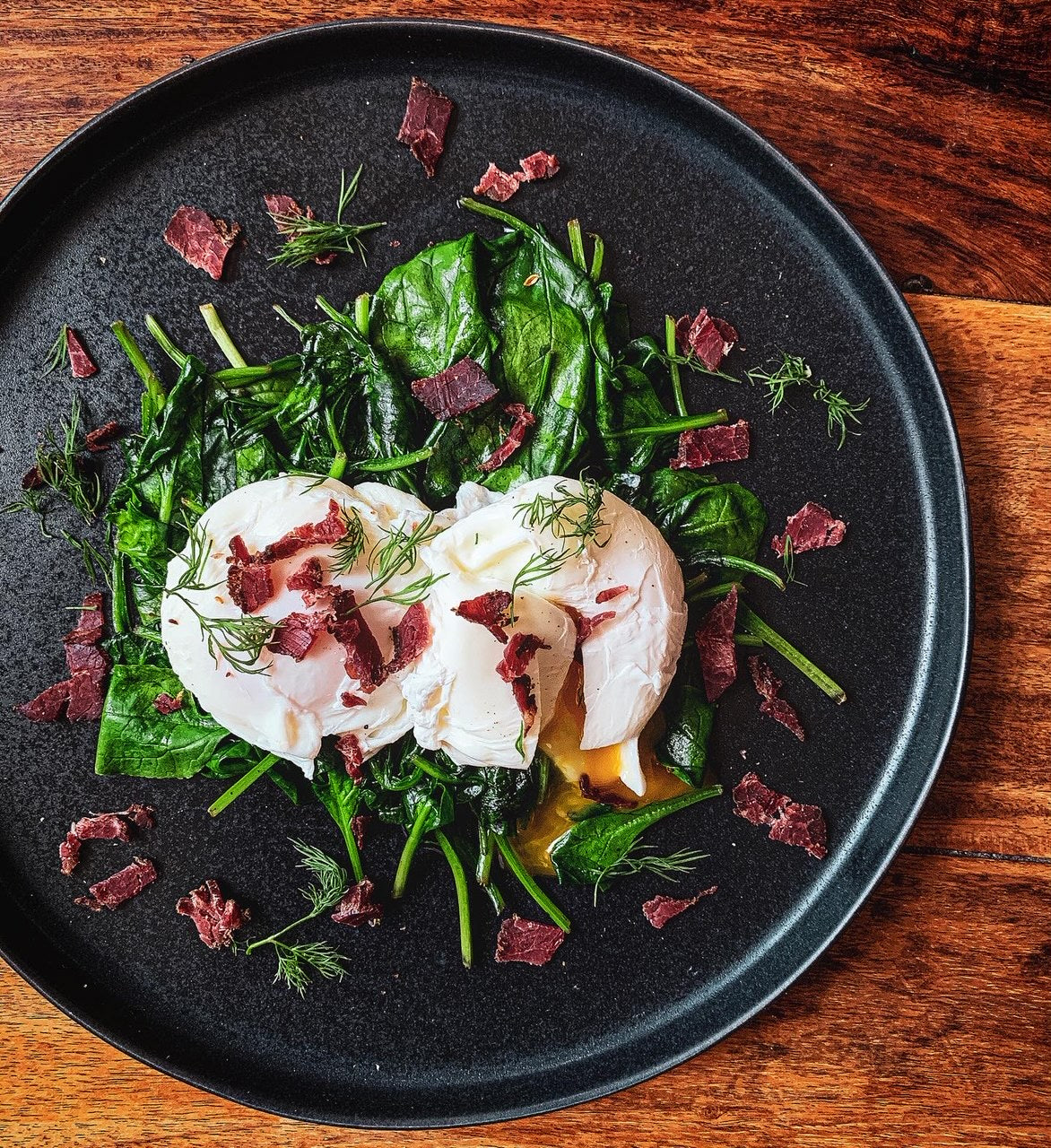 Biltong, Poached Egg & Spinach
